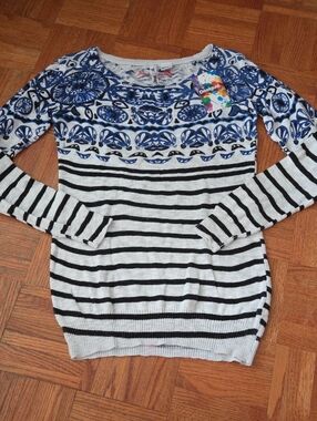 Desigual Blue, White & Black Striped Crewneck Sweater